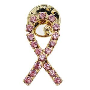 Breast Cancer Awareness Ribbon Tie Tac Lapel Pin Satin Gold Tone Pink Rhinestone